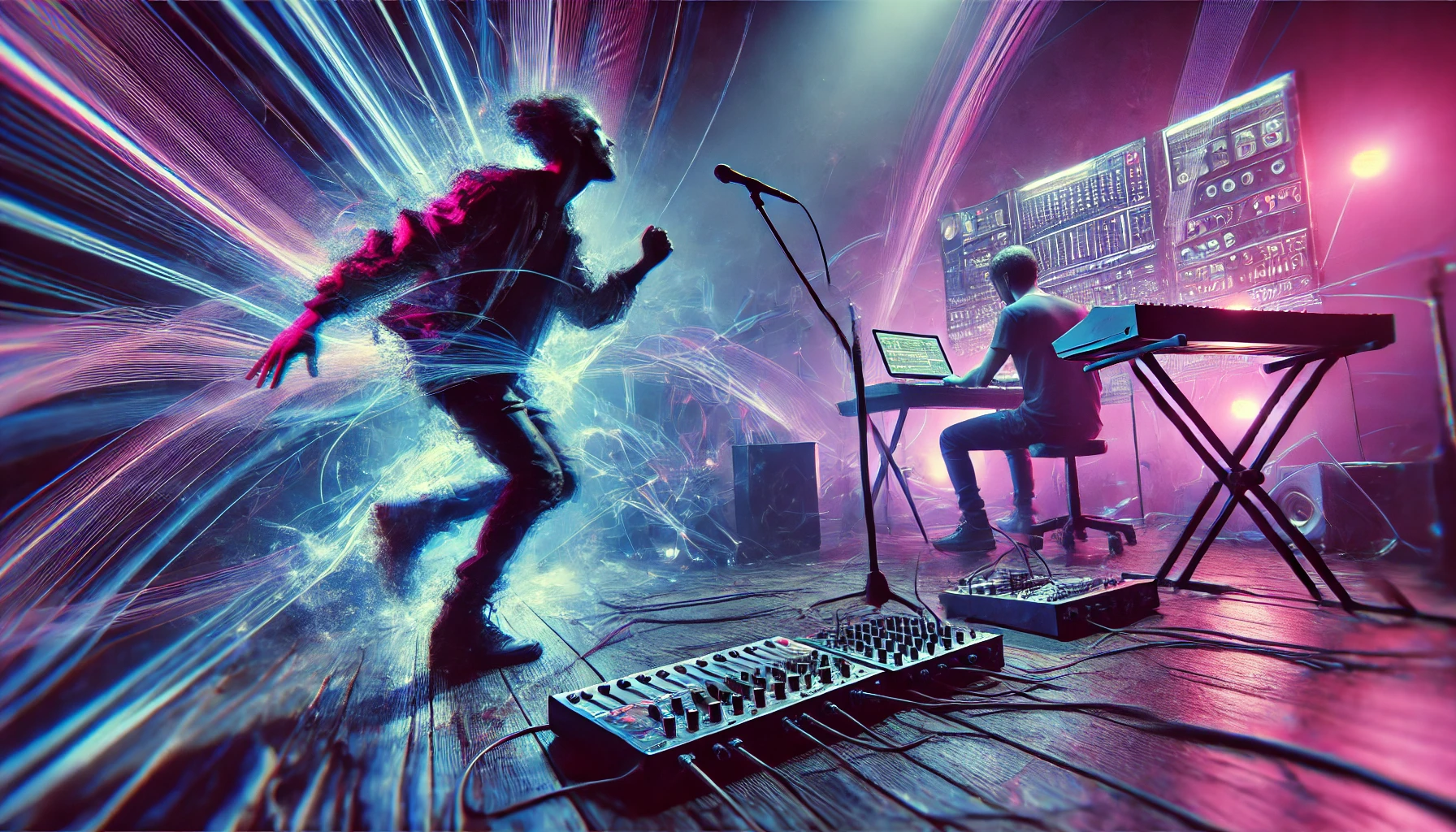 concert de fusion expérimentale : un chanteur, un mec aux machines, des néons et des lumières modernes, de l'électro, du rock