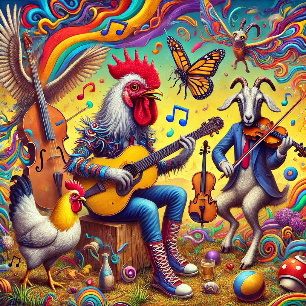 illustration humoristique et surréaliste, inspirée de l’univers décalé et expérimental d’Igorrr, mettant en scène des animaux jouant des instruments improbables