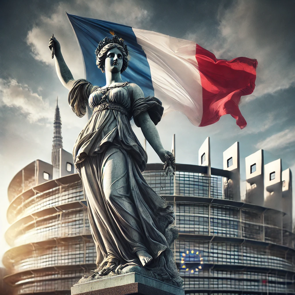 image représentant symboliquement la souveraineté nationale : une majestueuse Marianne avec un drapeau français flottant devant le Parlement européen