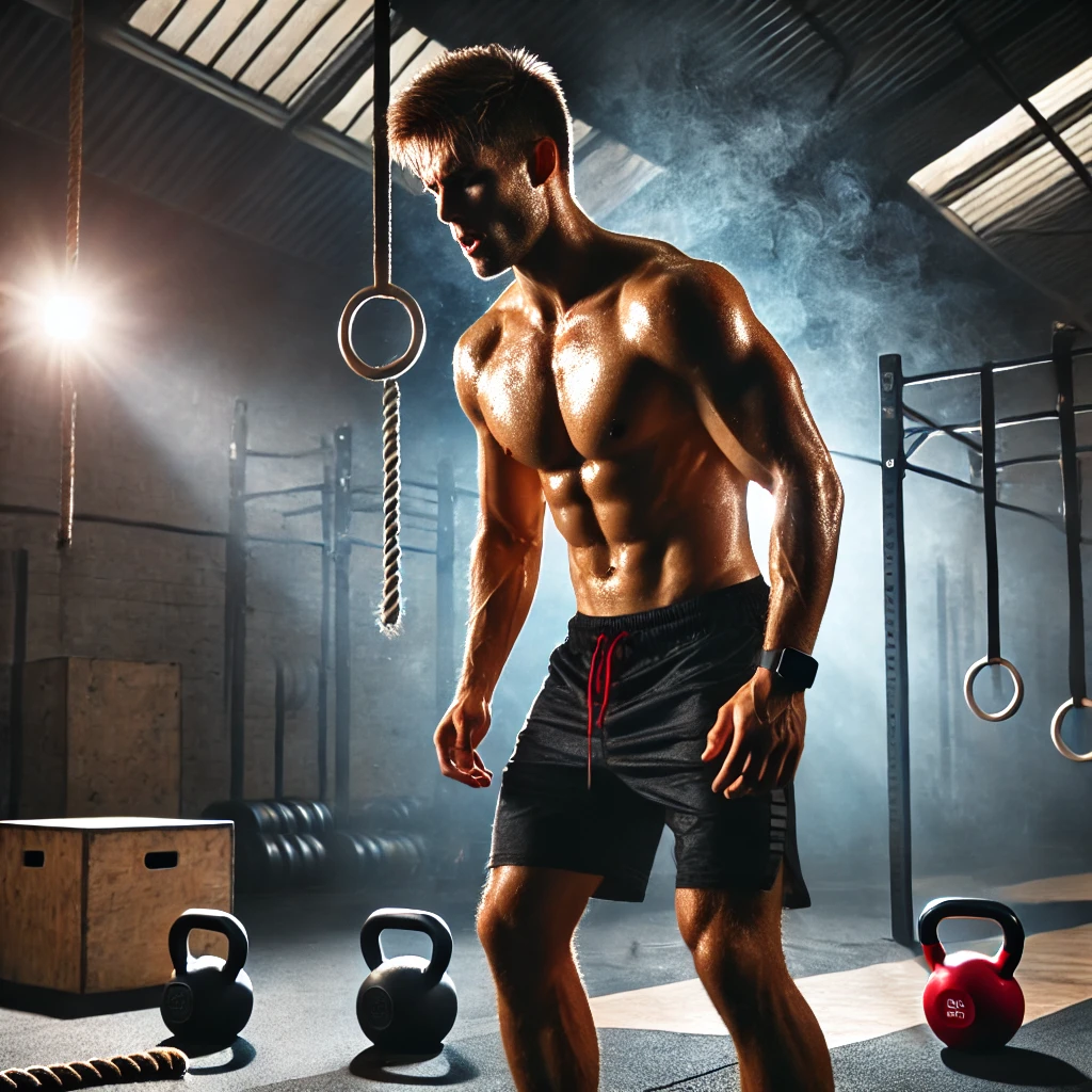 Athlète en plein Workout of the Day, transpirant et concentré, symbolisant l’intensité du CrossFit