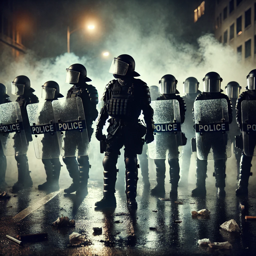 gendarmes en maintien de l'ordre, dans une atmosphère tendue et chaotique