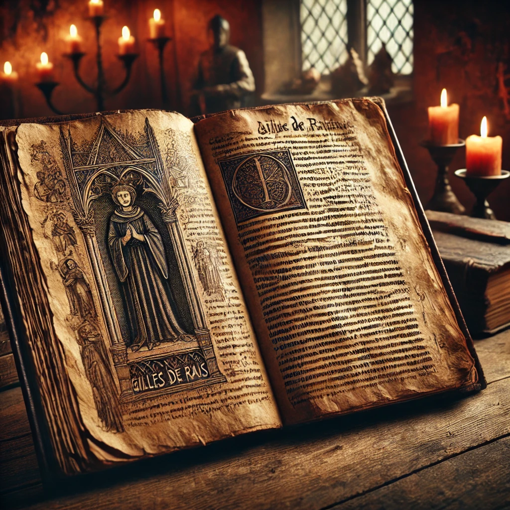 livre médiéval, éclairé à la lueur d’une bougie, qui évoque l’histoire et les origines sombres de figures comme Gilles de Rais