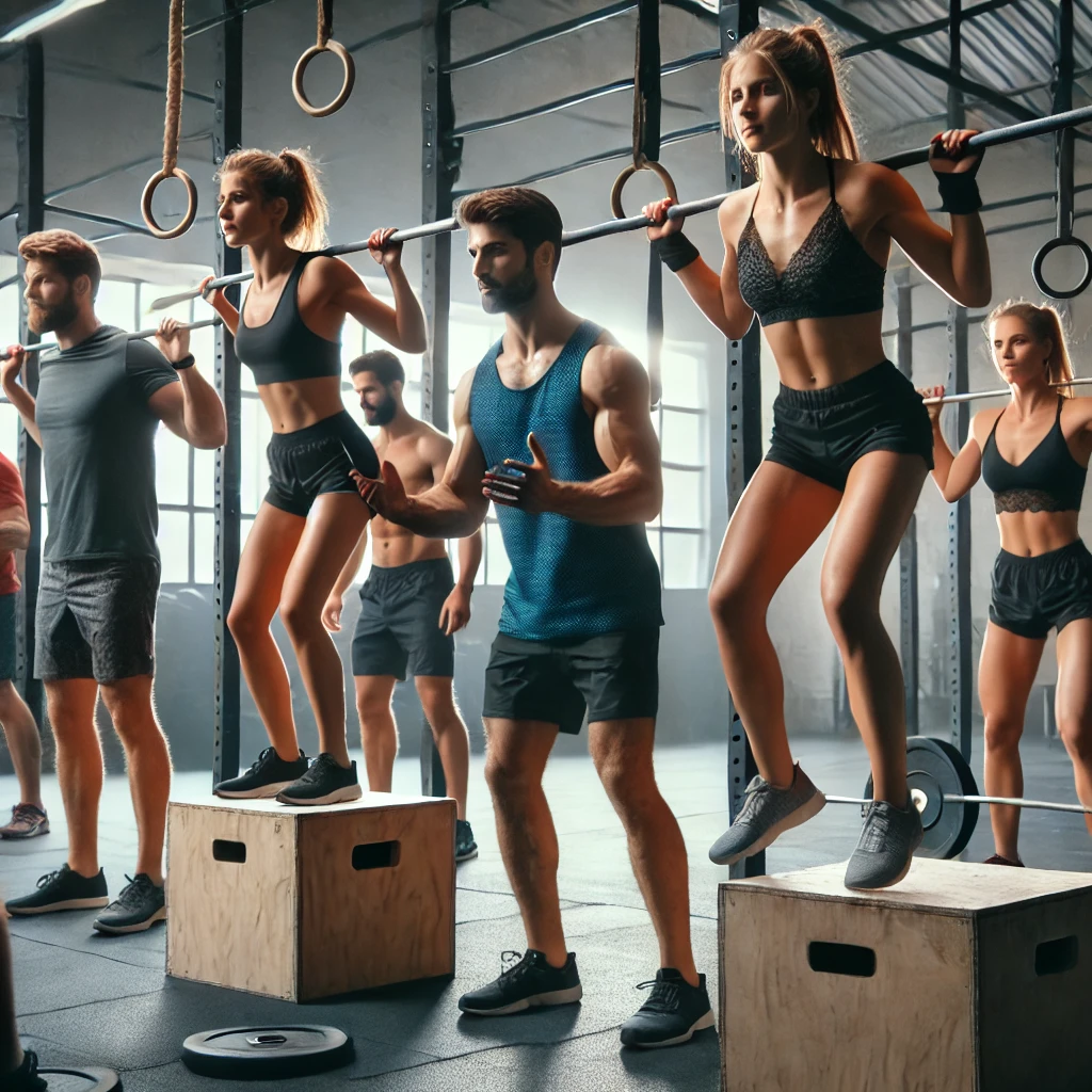 salle de CrossFit avec des pratiquants s’encourageant, illustrant la communauté et la motivation