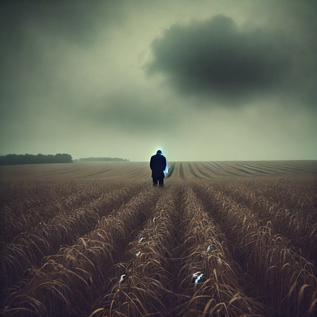 agriculteur seul dans un champ sous un ciel gris, symbolisant l'isolement et la détresse