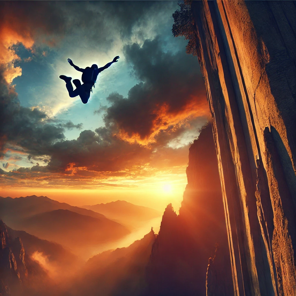 Un base jumper en plein saut, silhouette face au vide, avec une lumière dramatique
