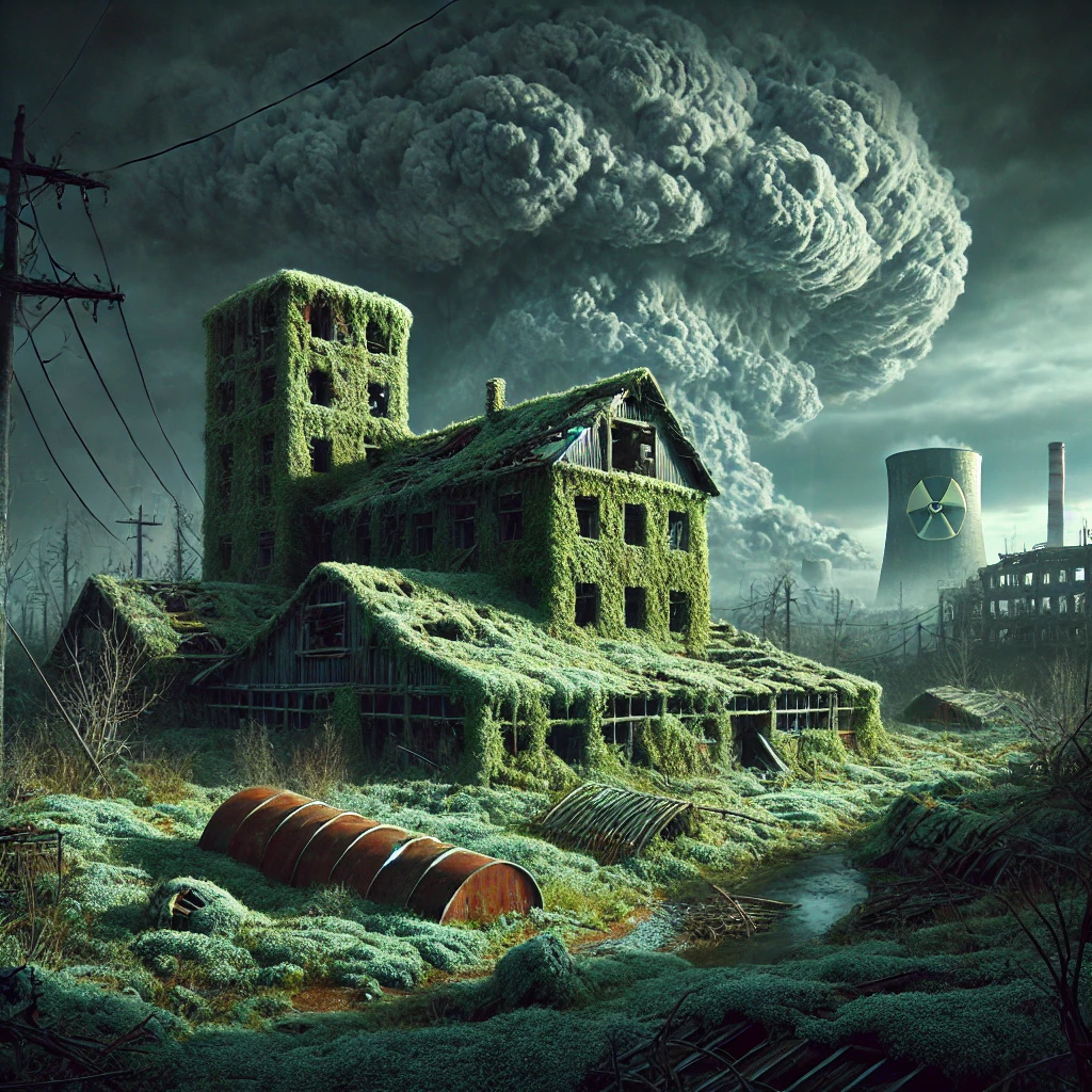 Une ferme collective en ruines, envahie par la végétation mutante et baignée dans une lumière irréelle. Au loin, un ciel noirci par des tempêtes radioactives donne une impression d’isolement total.