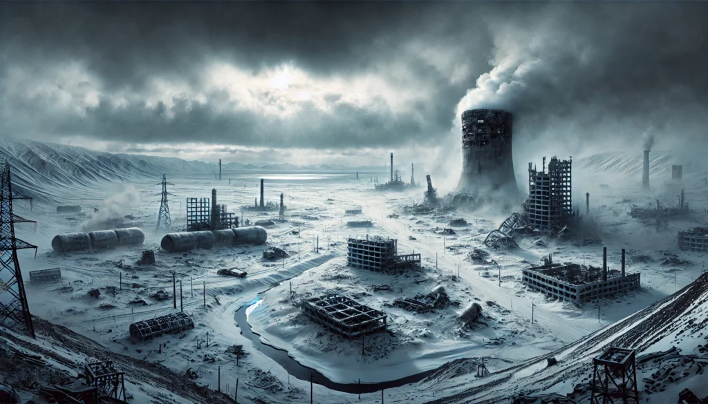Terminus radieux : Une vaste steppe gelée, parcourue de ruines industrielles et de tours effondrées, baignée dans une lumière crépusculaire. Une brume radioactive flotte dans l’air, donnant une impression de fin du monde.