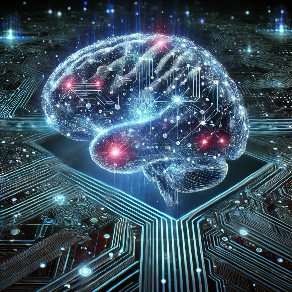 Un cerveau connecté à un réseau digital, des circuits imprimés fusionnant avec des neurones