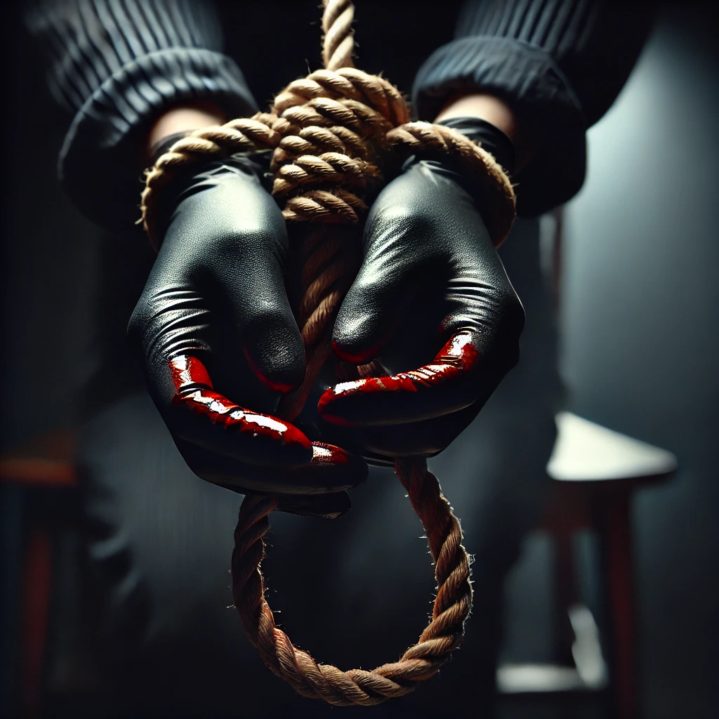 mains gantées avec une corde ensanglantée, dans une ambiance sombre et inquiétante