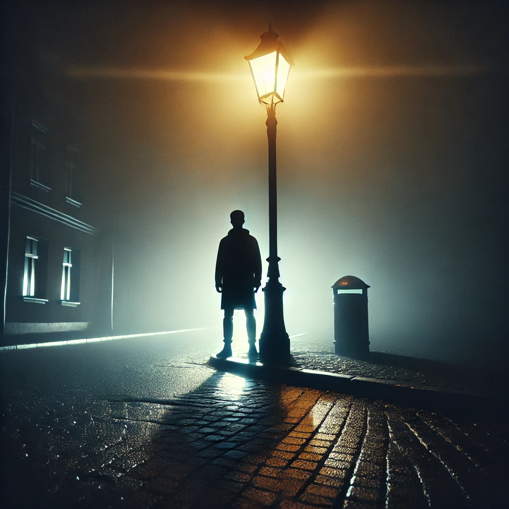 tueur en série sous un lampadaire vacillant dans une rue vide et embrumée