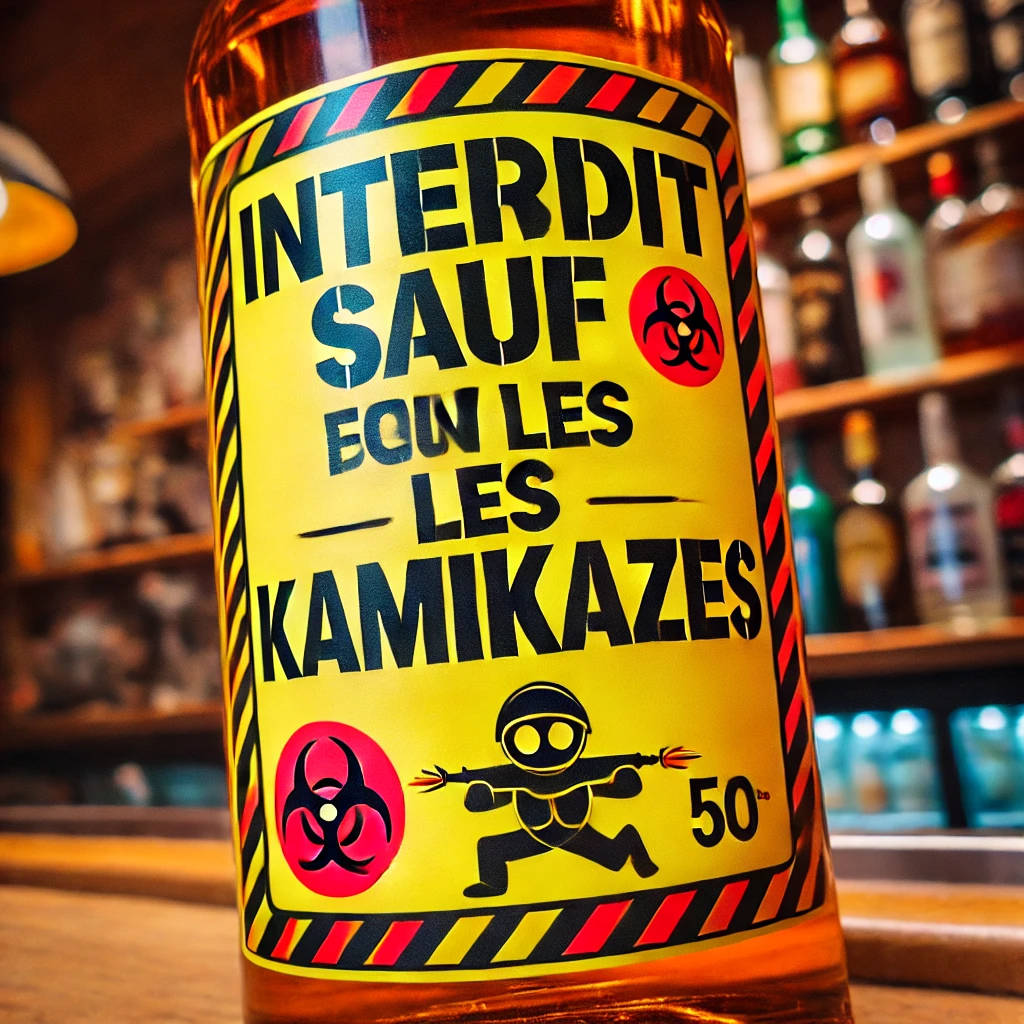 Un panneau "Interdit sauf pour les kamikazes" sur une bouteille d’alcool fort