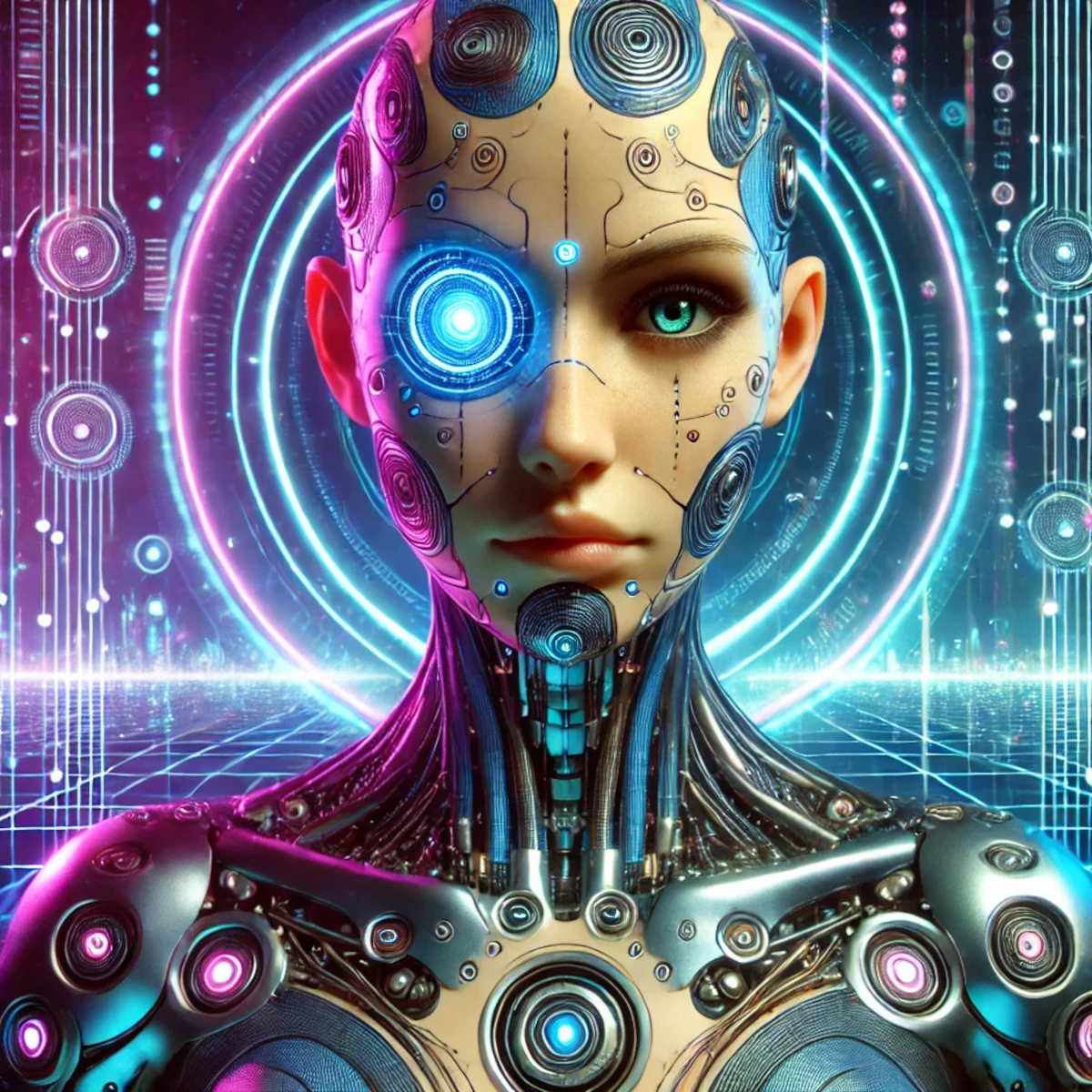 Homme cybernétique avec des implants exagérés et circuits lumineux sur la peau, dans un décor futuriste aux lumières néon.