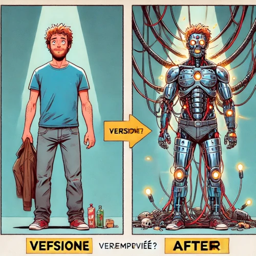 Montage humoristique “avant/après” : un homme ordinaire transformé en cyborg bardé d’implants technologiques, avec la légende “Version améliorée ?”