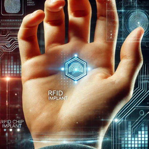 Gros plan sur une main humaine avec une puce RFID implantée sous la peau, entourée d’interfaces holographiques.