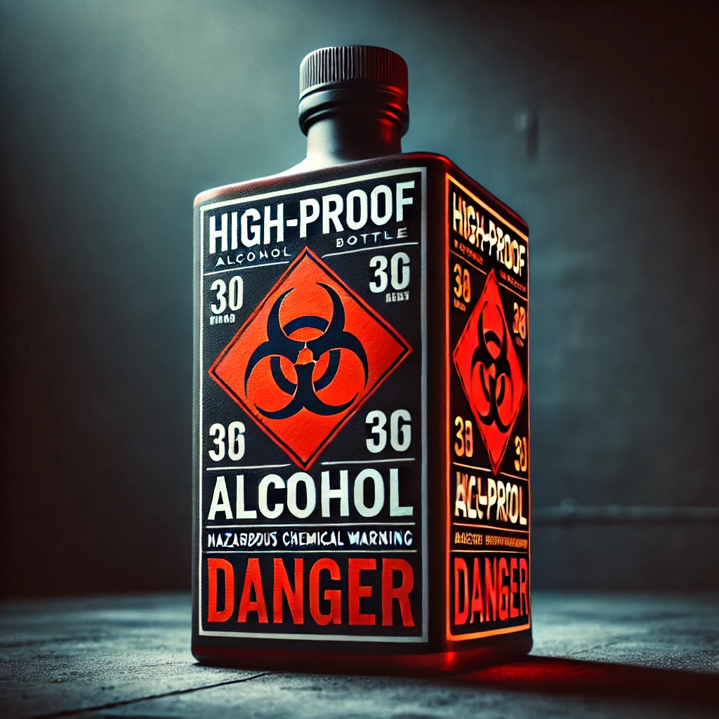 Une bouteille d’alcool ultra-fort avec un gros panneau "DANGER"