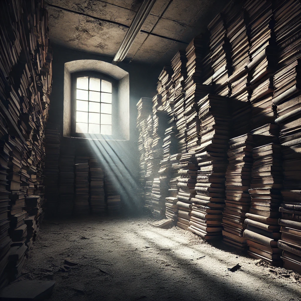 Cave remplie de vieux livres poussiéreux avec un rayon de lumière filtrant par une petite fenêtre – atmosphère sombre et poétique.