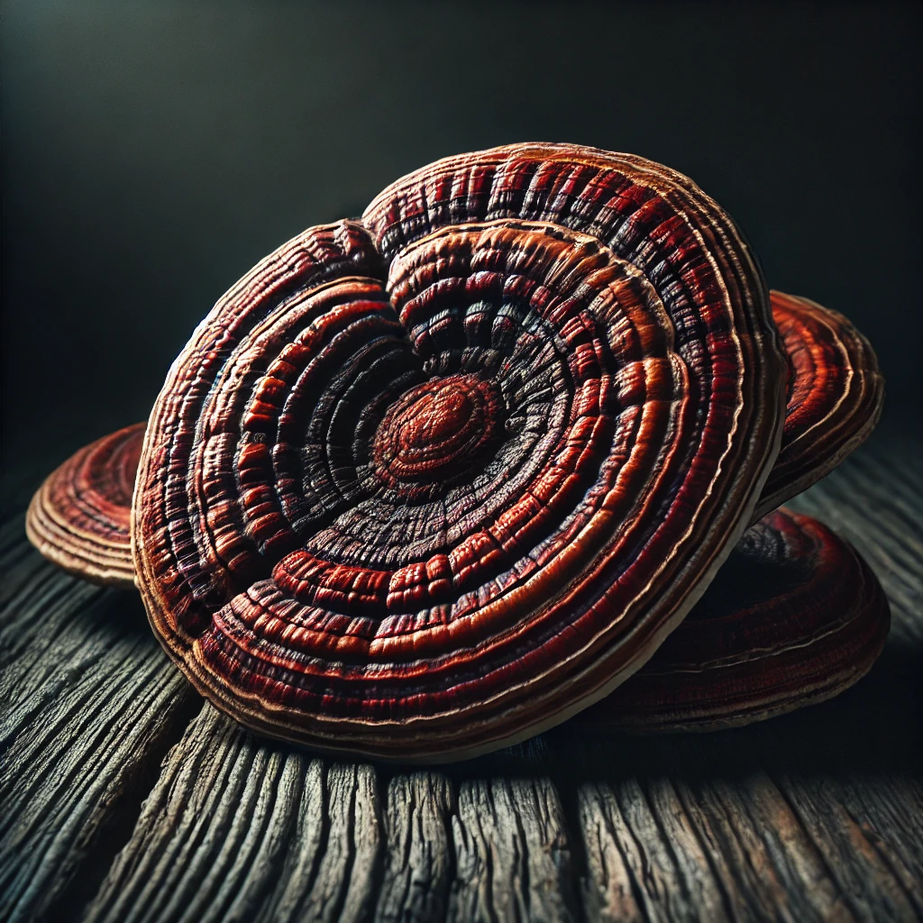 Champignon reishi brut, avec ses teintes rougeâtres et sa texture boisée