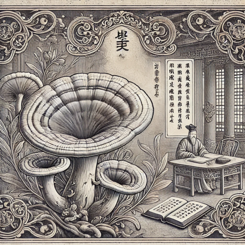 Gravure ancienne représentant le reishi dans la médecine chinoise, évoquant son usage impérial et sacré