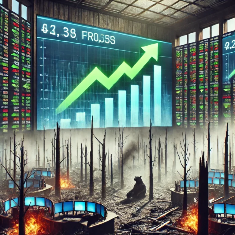 Décroissance : Une salle de marché financière sur fond de forêt brûlée, symbolisant l’opposition entre croissance et écologie