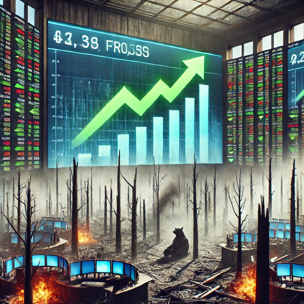 Décroissance : Une salle de marché financière sur fond de forêt brûlée, symbolisant l’opposition entre croissance et écologie