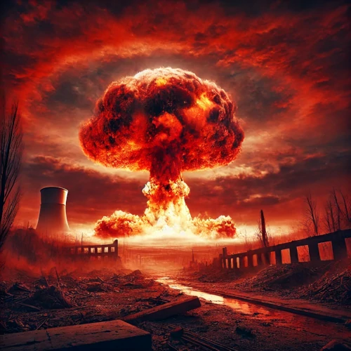Explosion nucléaire dramatique sous un ciel rouge, symbolisant la vision apocalyptique dans Laboratoire de catastrophe générale