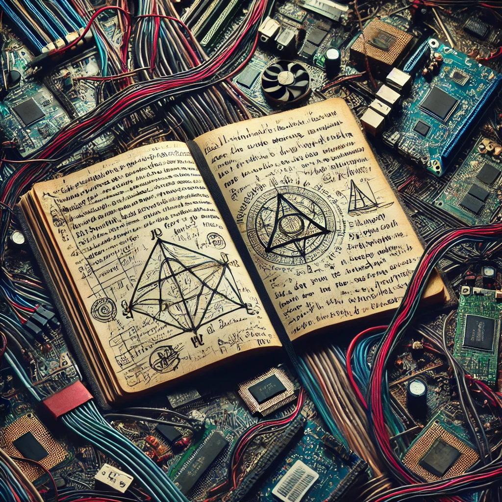 Page manuscrite entourée de fils électroniques et circuits imprimés, évoquant le journal visionnaire de Maurice G. Dantec