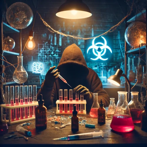 Laboratoire clandestin improvisé avec fioles, seringues et un individu en hoodie menant une expérience biologique.