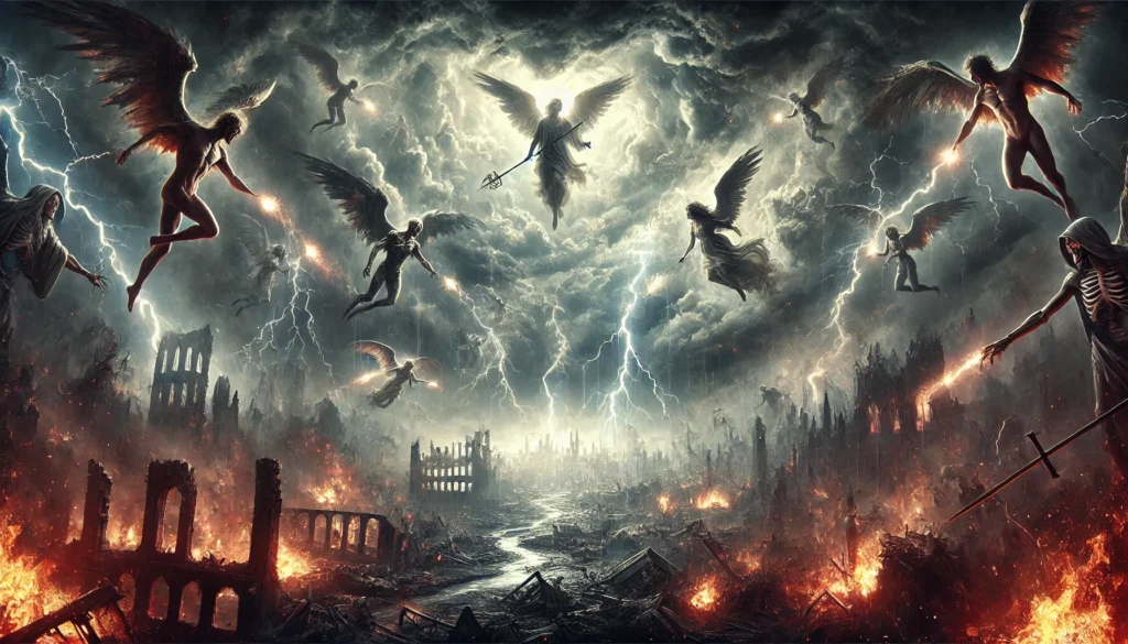 Les Tragiques - Un paysage chaotique avec anges et démons s’affrontant dans le ciel, représentant la vision du Jugement Dernier