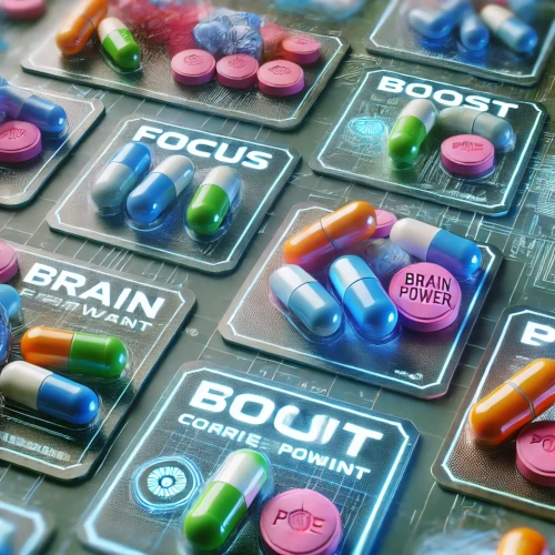 Ensemble de pilules colorées avec des mots comme “Focus”, “Boost” et “Brain Power” inscrits dessus, ambiance futuriste pharmaceutique.