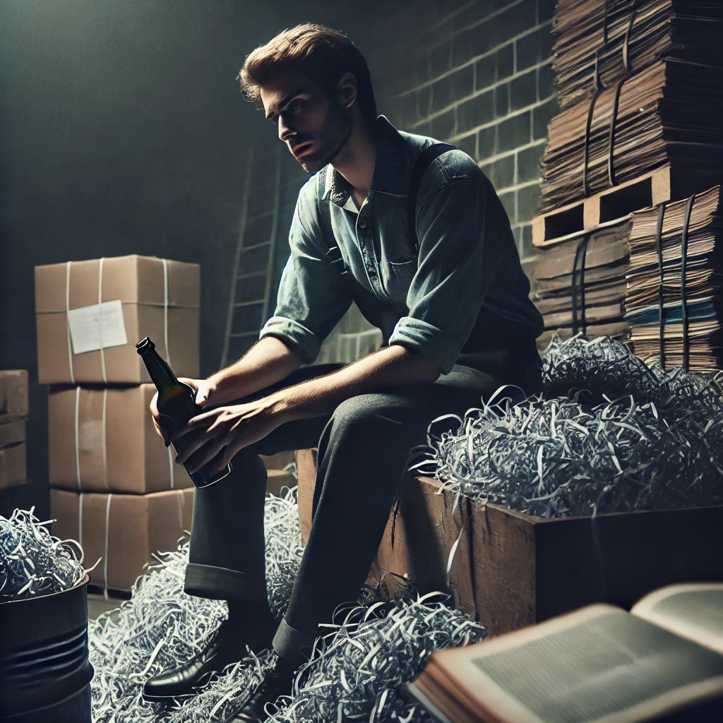 Homme solitaire assis sur un tas de papier broyé, tenant une bouteille, plongé dans ses pensées dans un décor industriel.
