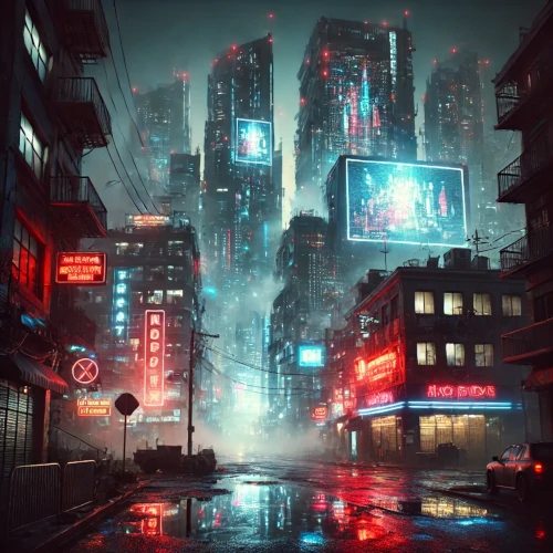 Paysage urbain cyberpunk la nuit, avec néons, gratte-ciels en ruine et atmosphère dystopique, inspiré de l’univers de Dantec