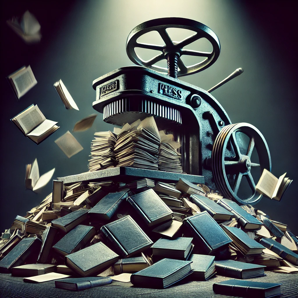 Presse mécanique en train d’écraser une pile de livres, avec des pages qui s’envolent dans une ambiance dramatique.