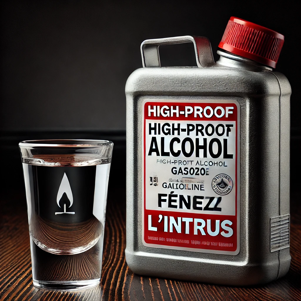 Un shot d’alcool ultra-fort à côté d’un bidon d’essence, avec une légende du type "Trouvez l’intrus"