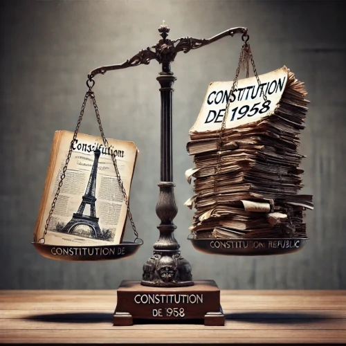 balance entre un livre de la Constitution de 1958 et une copie annotée et déchirée représentant la situation actuelle
