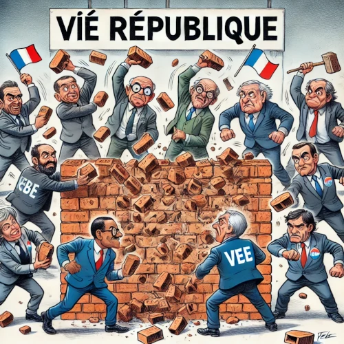 dessin humoristique montrant des politiciens lançant des briques sur un mur portant l’inscription « Ve République », chacun y projetant sa propre version de la VIe