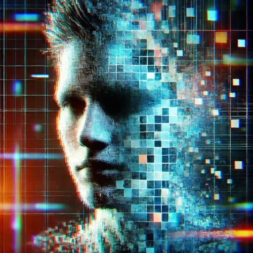 Visage semi-pixélisé illustrant la fusion entre le réel et le virtuel dans le contexte du cybersexe