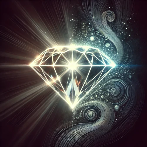 diamant brillant au milieu d'un fond sombre, avec des motifs psychédéliques subtils autour