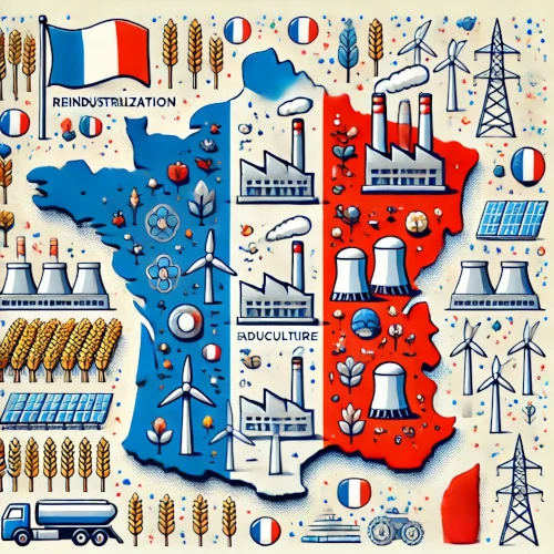 carte de France avec des icônes représentant l’industrie, l’énergie et l’agriculture, pour illustrer les enjeux stratégiques