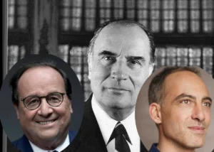 photos de Mitterrand, Hollande et Glucksmann en montage, illustrant la continuité du reniement