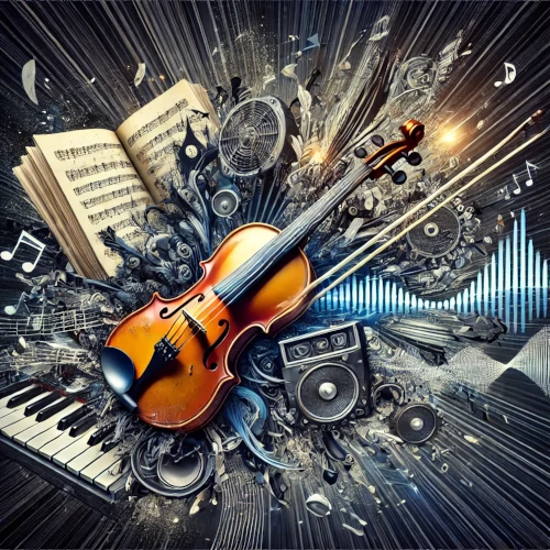 illustration qui superpose des partitions de musique classique, un violon et un ampli pour symboliser l’hybridation des genres