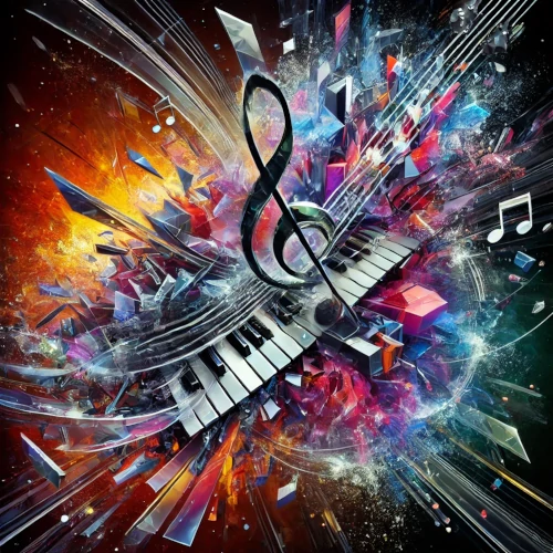 représentation abstraite de la fusion musicale : des formes éclatées (comme une explosion) mêlant des couleurs sombres et vives