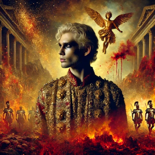 Scène antique apocalyptique, avec un empereur androgyne vêtu d’or, baignant dans le sang et l’orgie