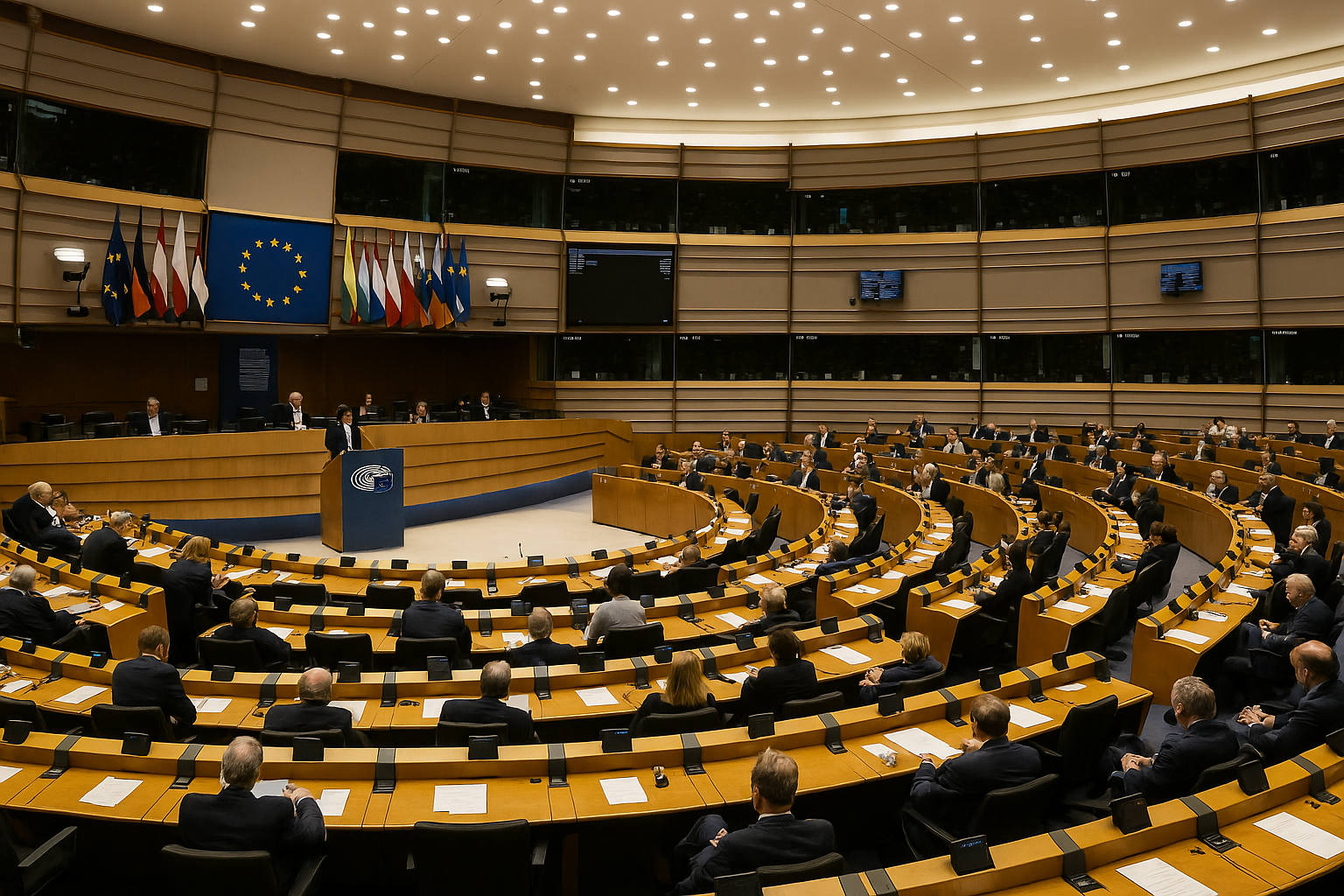 Vue de l’hémicycle du Parlement Européen pendant une session plénière, avec les drapeaux des États membres