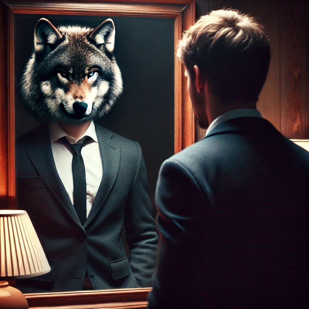 Un homme en costume regarde son reflet dans un miroir, où apparaît un loup féroce — métaphore visuelle de la fracture intérieure d’Harry Haller.
