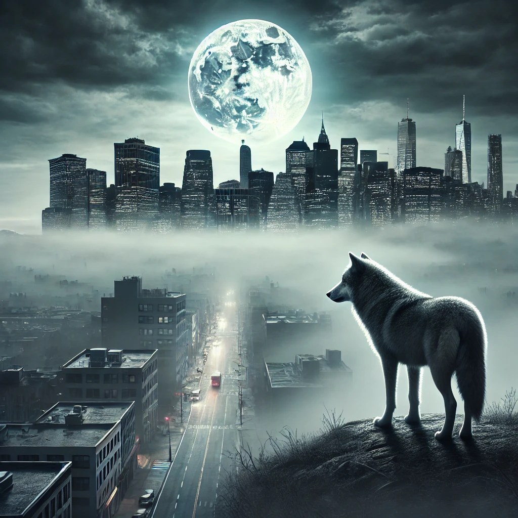 Silhouette d’un loup solitaire sous une lune blafarde dans une ville brumeuse, symbolisant la dualité sauvage/civilisé du protagoniste.