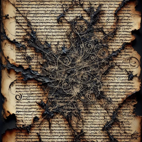 Un manuscrit déchiré et brûlé, avec des phrases d’Artaud griffonnées dans un style frénétique