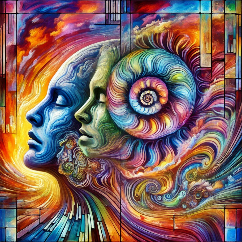 Collage psychédélique avec visages morcelés, couleurs acides et motifs hypnotiques — hommage visuel à l’influence du roman sur la contre-culture des années 60-70.