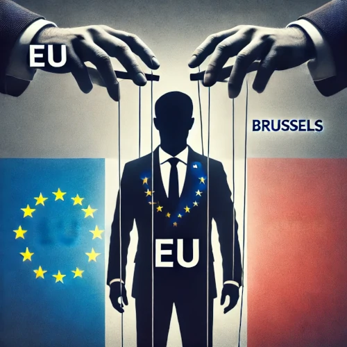 silhouette du président français sous forme de marionnette contrôlée par l’UE