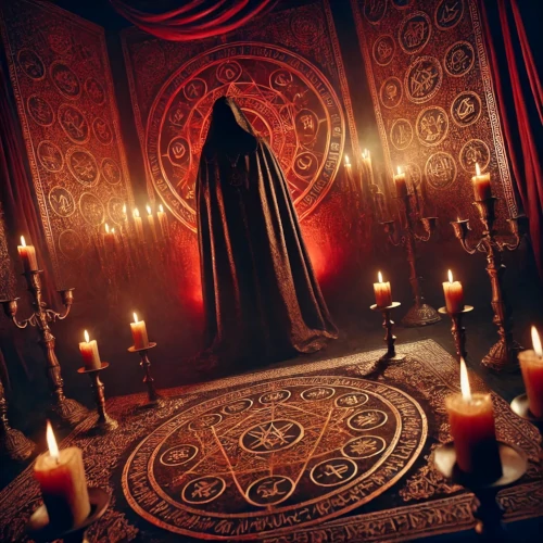 Un rituel ésotérique rouge et or, où un prêtre maudit sacrifie un symbole impérial