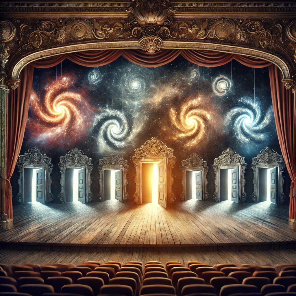Représentation onirique d’un théâtre surréaliste avec des portes ouvertes sur des mondes multiples, illustrant la scène du Théâtre magique du roman.